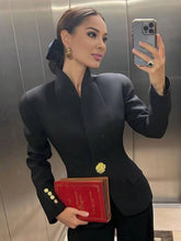 Aurohaya Women's Short Office Blazer Black with Gold Buttons V-Neck Sizeur Jacket